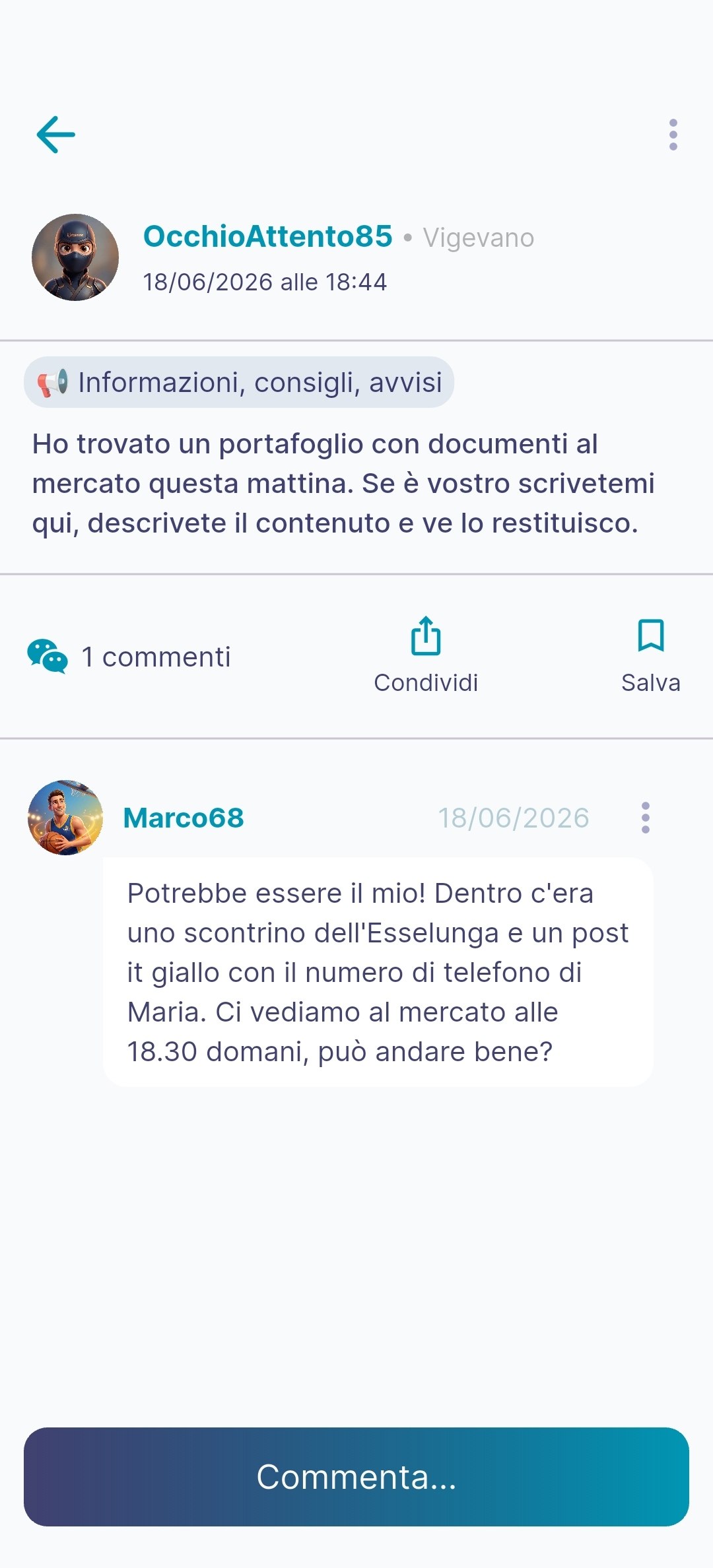 Schermata della community di Urbians con domande e consigli tra vicini