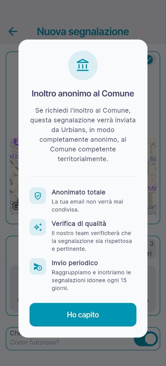 Schermata delle segnalazioni inoltrate al Comune in forma anonima