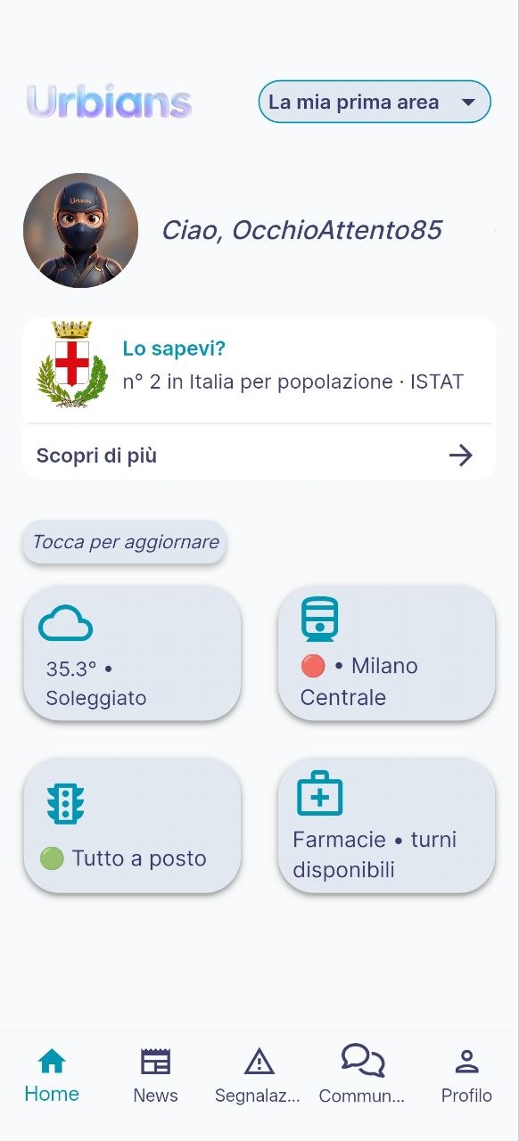 Schermata principale dell'app Urbians con notizie e informazioni locali
