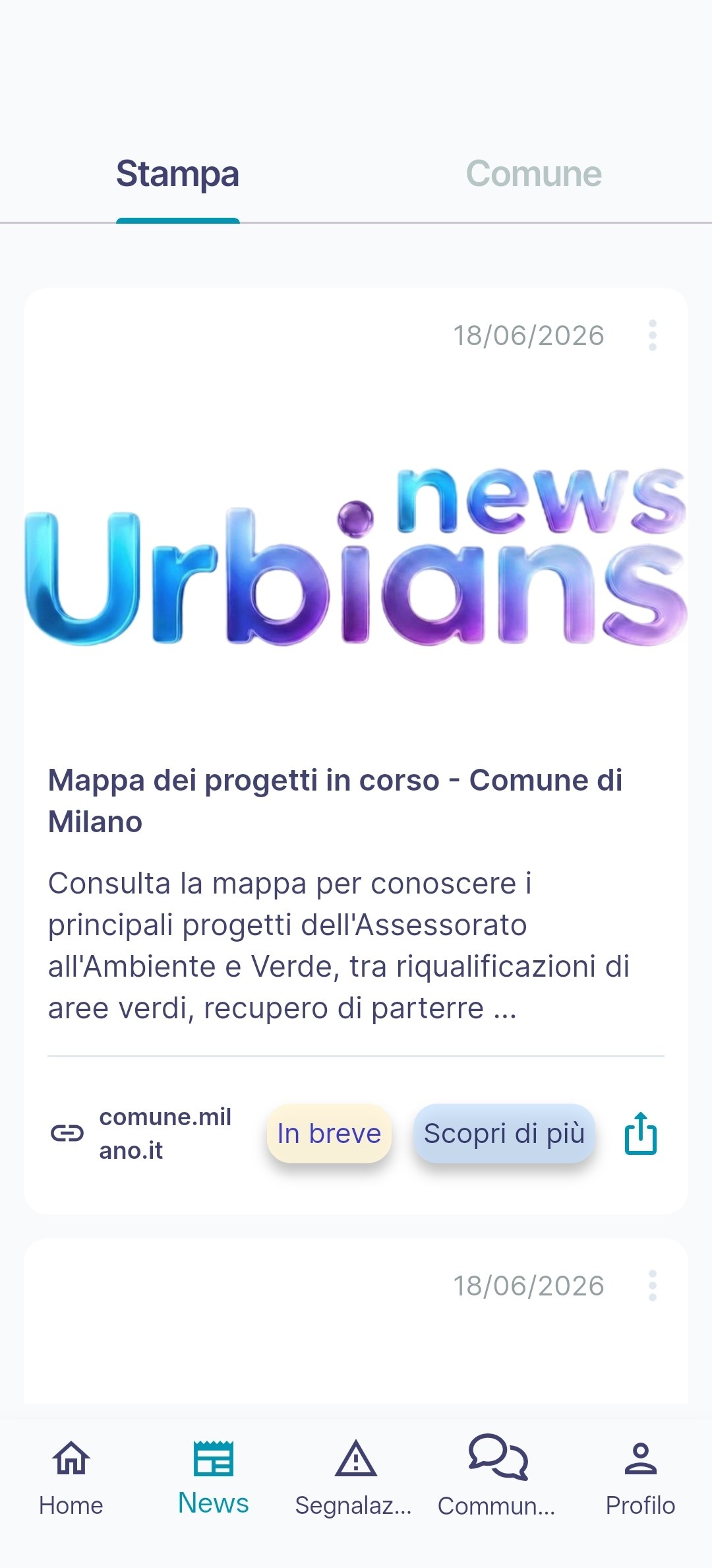 Schermata con le notizie locali, riassunto e approfondimento