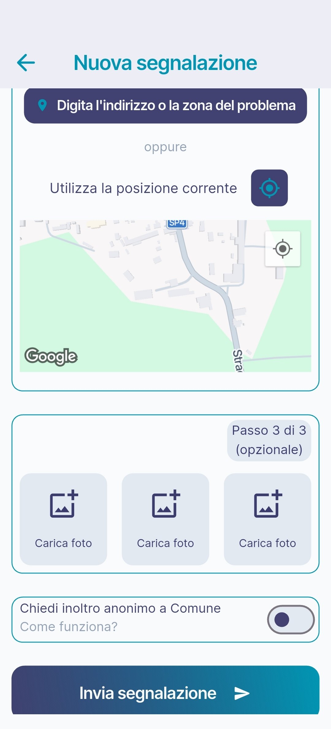 Schermata per inviare una segnalazione con categoria, descrizione e mappa