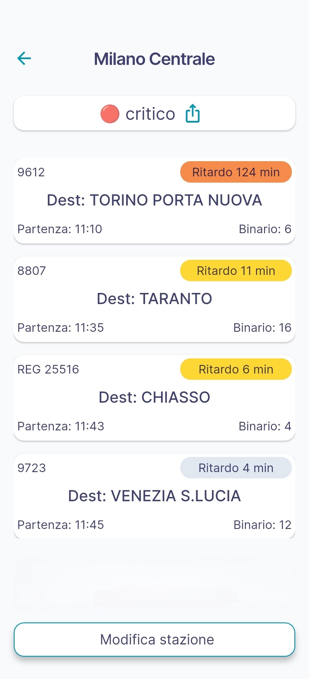Schermata con gli orari del treno in tempo reale nell'app Urbians