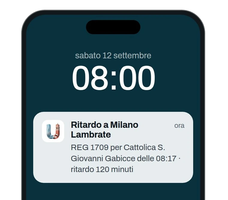 Notifica sul telefono: ritardo a Milano Lambrate, il regionale delle 08:17 per Cattolica è in ritardo di 120 minuti