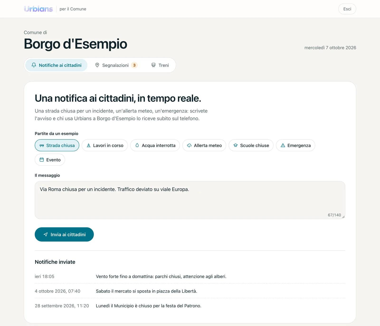 La dashboard del Comune di Borgo d’Esempio: si sceglie un esempio, si scrive l’avviso e lo si invia ai cittadini.